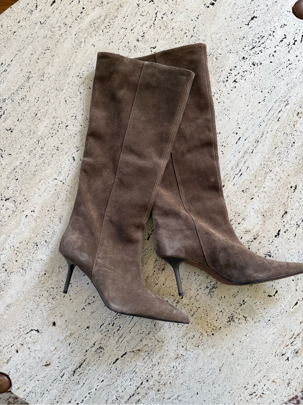 Zara Split Taupe Gray Tan Suede Knee High Slouchy Boots Size 40 (us 9)